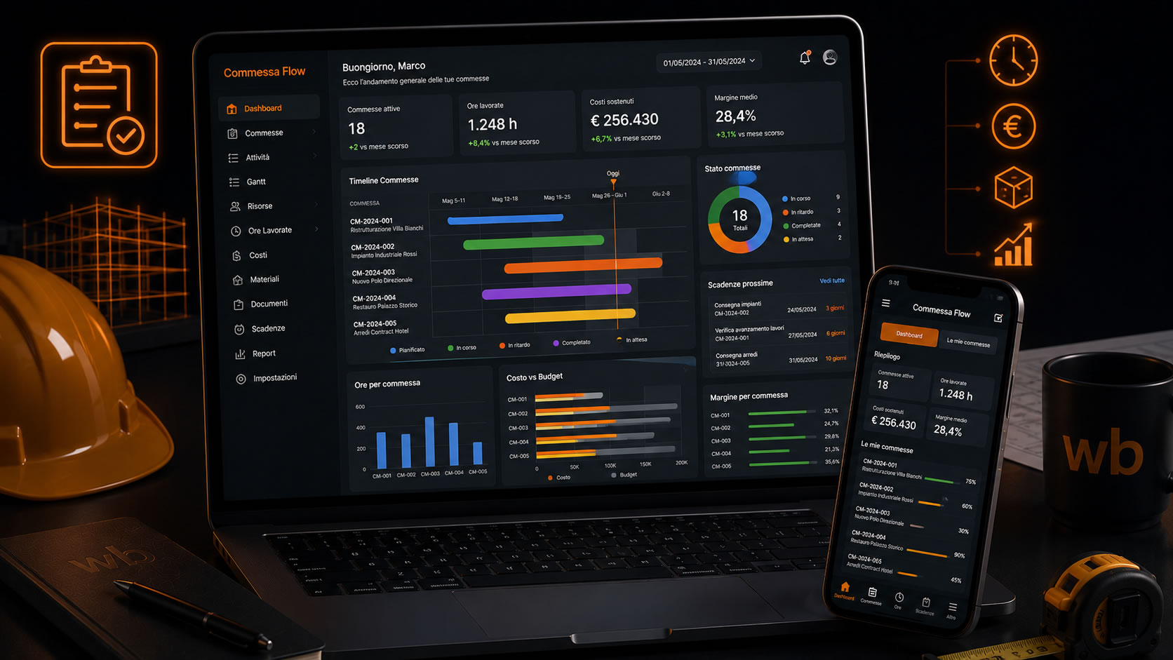 Commessa Flow - Commessa Flow permette alle aziende che lavorano su commessa di monitorare attività, ore, costi, materiali, scadenze e margini.