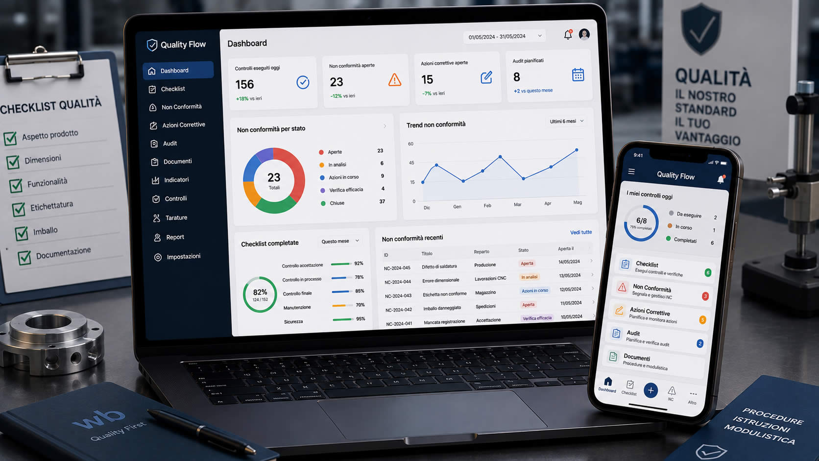 Quality Flow - Quality Flow digitalizza controlli qualità, checklist, non conformità, audit, azioni correttive e documentazione.