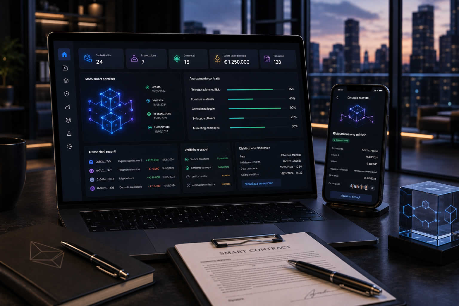 SmartContract Flow - SmartContract Flow automatizza accordi, verifiche, pagamenti, stati avanzamento e processi tramite smart contract.
